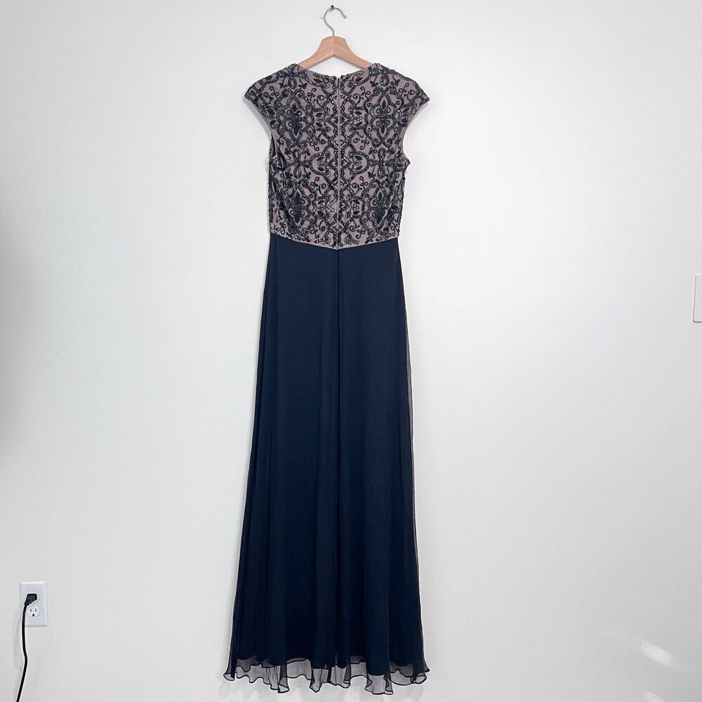 Tadashi Collection Black Nude Beaded Silk Chiffon Evening Maxi Gown Dress Size 8 - Picture 6 of 13